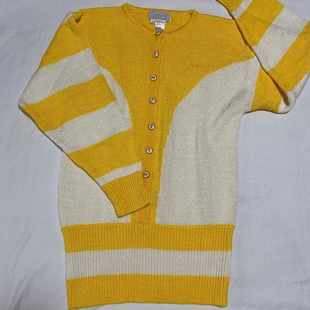 Nannell Vintage Cardigan Sweater Yellow White Stripe Nautical Anchor Buttons M - Picture 4 of 12